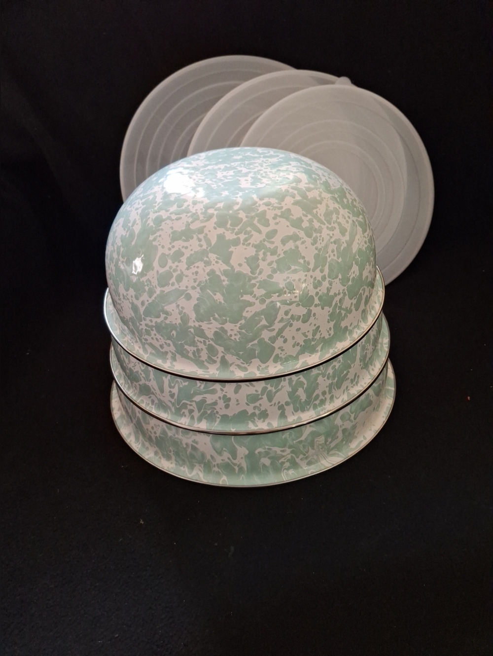 Golden Rabbit Enamalware, Sea Glass Speckled Mixing Bowl Set W/Lids - Picture 2 of 9